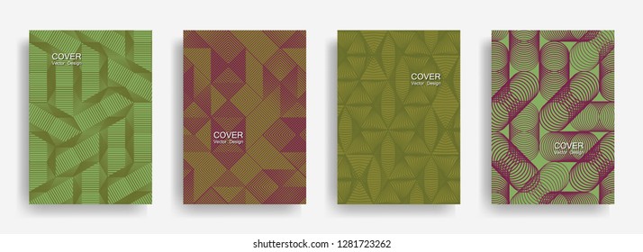 Tech  halftone shapes minimal geometric cover templates set graphic design. Halftone lines grid vector background of triangle, hexagon, rhombus, circle shapes. Classical geometric cover backgrounds.