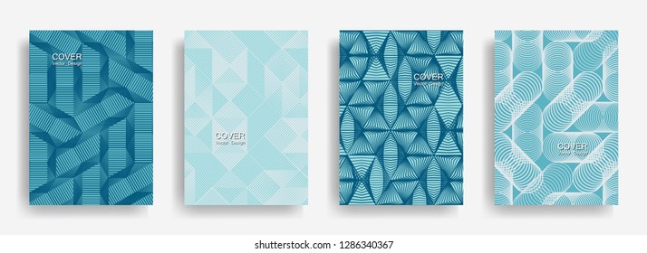 Tech  halftone shapes minimal geometric cover templates set graphic design. Halftone lines grid vector background of triangle, hexagon, rhombus, circle shapes. Trendy geometric cover backgrounds.