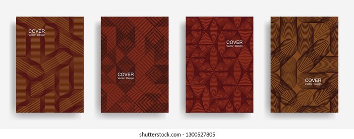 Tech  halftone shapes minimal geometric cover templates set graphic design. Halftone lines grid vector background of triangle, hexagon, rhombus, circle shapes. Concise geometric cover backgrounds.