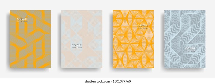 Tech  halftone shapes minimal geometric cover templates set graphic design. Halftone lines grid vector background of triangle, hexagon, rhombus, circle shapes. Classic geometric cover backgrounds.