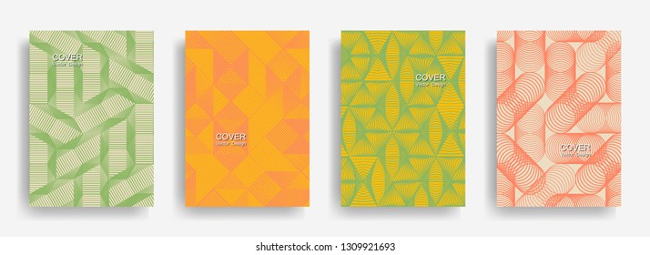Tech  halftone shapes minimal geometric cover templates collection design. Halftone lines grid vector background of triangle, hexagon, rhombus, circle shapes. Classic geometric cover backgrounds.
