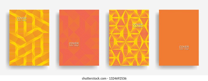 Tech  halftone shapes minimal geometric cover templates collection design. Halftone lines grid vector background of triangle, hexagon, rhombus, circle shapes. Classical geometric cover backgrounds.
