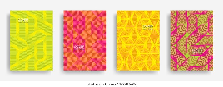 Tech  halftone shapes minimal geometric cover templates set graphic design. Halftone lines grid vector background of triangle, hexagon, rhombus, circle shapes. Classic geometric cover backgrounds.