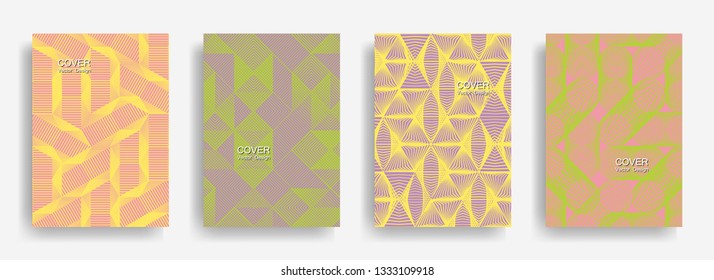 Tech  halftone shapes minimal geometric cover templates collection design. Halftone lines grid vector background of triangle, hexagon, rhombus, circle shapes. Future geometric cover backgrounds.