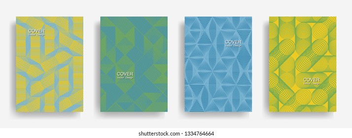 Tech  halftone shapes minimal geometric cover templates collection design. Halftone lines grid vector background of triangle, hexagon, rhombus, circle shapes. Trendy geometric cover backgrounds.