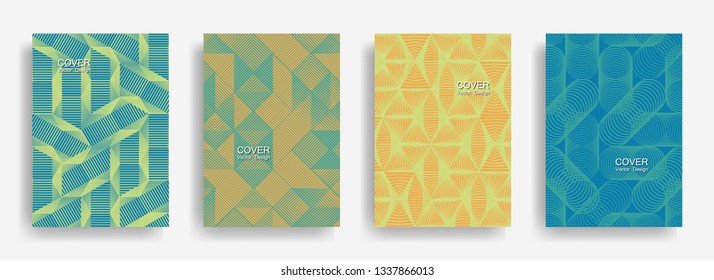 Tech  halftone shapes minimal geometric cover templates collection design. Halftone lines grid vector background of triangle, hexagon, rhombus, circle shapes.  