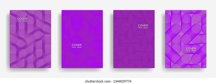 Tech  halftone shapes minimal geometric cover templates set graphic design. Halftone lines grid vector background of triangle, hexagon, rhombus, circle shapes. Simple geometric cover backgrounds.
