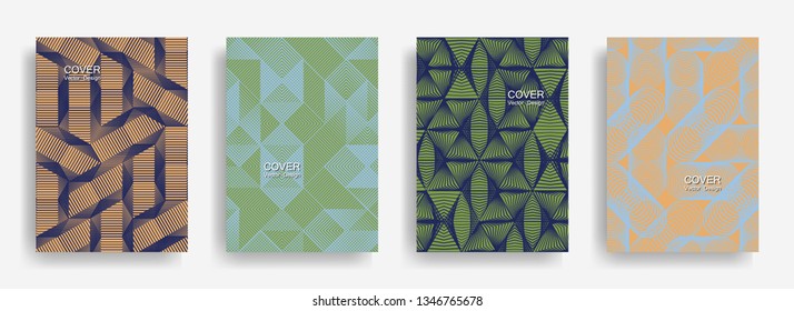 Tech  halftone shapes minimal geometric cover templates collection design. Halftone lines grid vector background of triangle, hexagon, rhombus, circle shapes. Laconic geometric cover backgrounds.