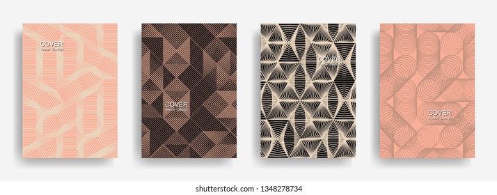 Tech  halftone shapes minimal geometric cover templates collection design. Halftone lines grid vector background of triangle, hexagon, rhombus, circle shapes. Laconic geometric cover backgrounds.