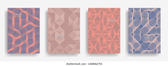 Tech  halftone shapes minimal geometric cover templates collection design. Halftone lines grid vector background of triangle, hexagon, rhombus, circle shapes. Trendy geometric cover backgrounds.