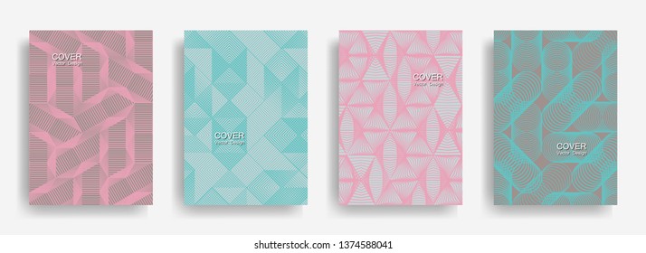 Tech  halftone shapes minimal geometric cover templates set graphic design. Halftone lines grid vector background of triangle, hexagon, rhombus, circle shapes. Typical geometric cover backgrounds.