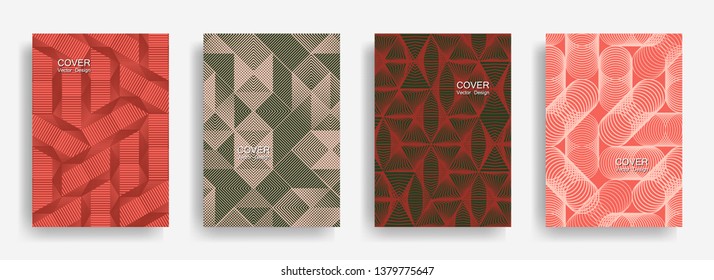 Tech  halftone shapes minimal geometric cover templates collection design. Halftone lines grid vector background of triangle, hexagon, rhombus, circle shapes. Business geometric cover backgrounds.
