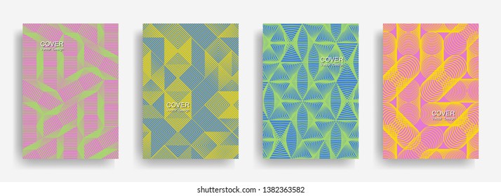 Tech  halftone shapes minimal geometric cover templates set graphic design. Halftone lines grid vector background of triangle, hexagon, rhombus, circle shapes. Future geometric cover backgrounds.
