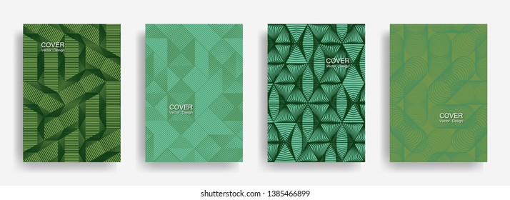Tech  halftone shapes minimal geometric cover templates set graphic design. Halftone lines grid vector background of triangle, hexagon, rhombus, circle shapes. Concise geometric cover backgrounds.