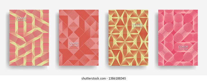 Tech  halftone shapes minimal geometric cover templates collection design. Halftone lines grid vector background of triangle, hexagon, rhombus, circle shapes. Business geometric cover backgrounds.