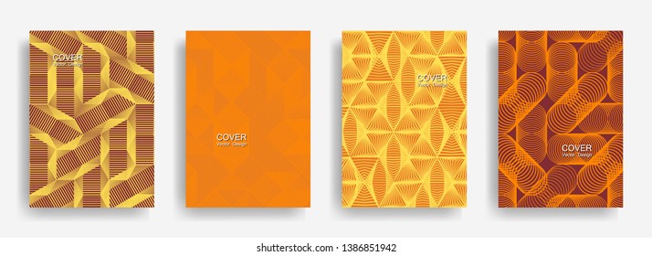 Tech  halftone shapes minimal geometric cover templates collection design. Halftone lines grid vector background of triangle, hexagon, rhombus, circle shapes. Trendy geometric cover backgrounds.
