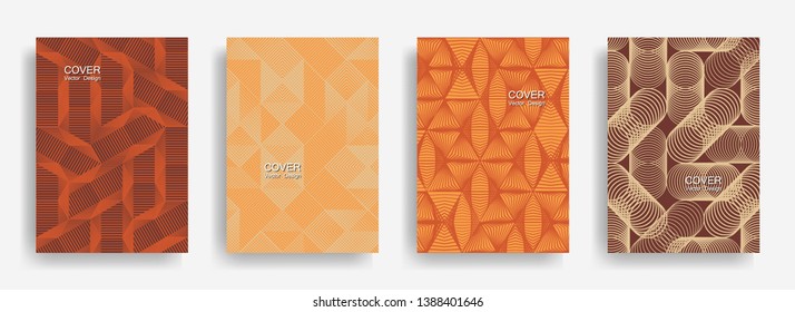 Tech  halftone shapes minimal geometric cover templates collection design. Halftone lines grid vector background of triangle, hexagon, rhombus, circle shapes. Future geometric cover backgrounds.