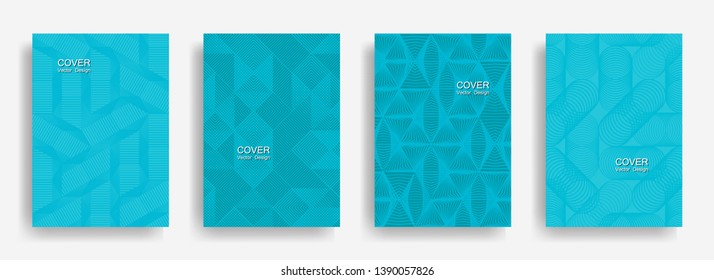 Tech  halftone shapes minimal geometric cover templates collection design. Halftone lines grid vector background of triangle, hexagon, rhombus, circle shapes. Classic geometric cover backgrounds.