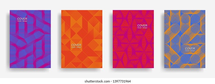 Tech  halftone shapes minimal geometric cover templates set graphic design. Halftone lines grid vector background of triangle, hexagon, rhombus, circle shapes. Classical geometric cover backgrounds.