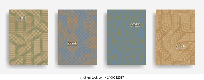 Tech  halftone shapes minimal geometric cover templates set graphic design. Halftone lines grid vector background of triangle, hexagon, rhombus, circle shapes. Classic geometric cover backgrounds.
