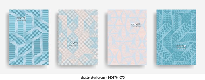 Tech  halftone shapes minimal geometric cover templates collection design. Halftone lines grid vector background of triangle, hexagon, rhombus, circle shapes. Business geometric cover backgrounds.