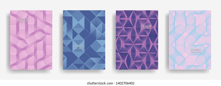 Tech  halftone shapes minimal geometric cover templates set graphic design. Halftone lines grid vector background of triangle, hexagon, rhombus, circle shapes. Trendy geometric cover backgrounds.