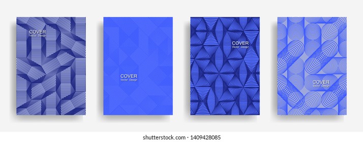Tech  halftone shapes minimal geometric cover templates set graphic design. Halftone lines grid vector background of triangle, hexagon, rhombus, circle shapes. Classic geometric cover backgrounds.