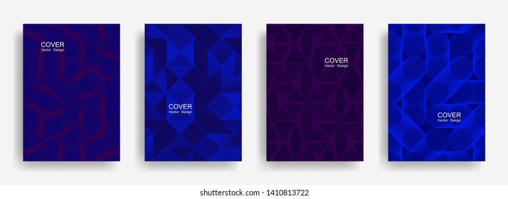 Tech  halftone shapes minimal geometric cover templates set graphic design. Halftone lines grid vector background of triangle, hexagon, rhombus, circle shapes. Classical geometric cover backgrounds.