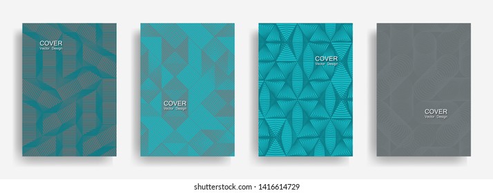 Tech  halftone shapes minimal geometric cover templates collection design. Halftone lines grid vector background of triangle, hexagon, rhombus, circle shapes. Trendy geometric cover backgrounds.