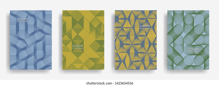 Tech  halftone shapes minimal geometric cover templates collection design. Halftone lines grid vector background of triangle, hexagon, rhombus, circle shapes. Classic geometric cover backgrounds.
