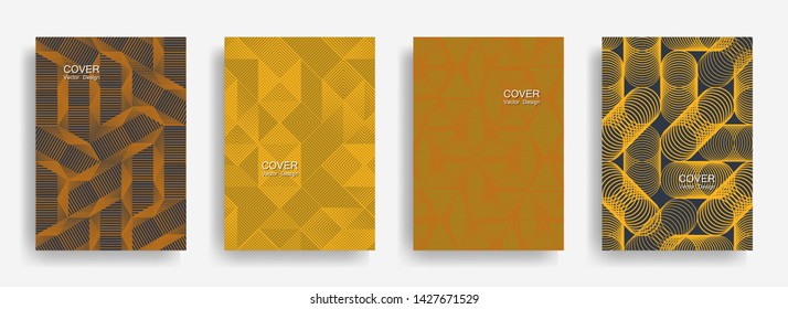 Tech  halftone shapes minimal geometric cover templates set graphic design. Halftone lines grid vector background of triangle, hexagon, rhombus, circle shapes. Laconic geometric cover backgrounds.