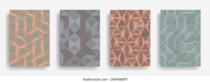 Tech  halftone shapes minimal geometric cover templates set graphic design. Halftone lines grid vector background of triangle, hexagon, rhombus, circle shapes. Classical geometric cover backgrounds.