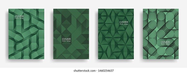 Tech  halftone shapes minimal geometric cover templates set graphic design. Halftone lines grid vector background of triangle, hexagon, rhombus, circle shapes. Laconic geometric cover backgrounds.