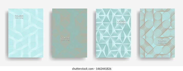 Tech  halftone shapes minimal geometric cover templates collection design. Halftone lines grid vector background of triangle, hexagon, rhombus, circle shapes. Typical geometric cover backgrounds.