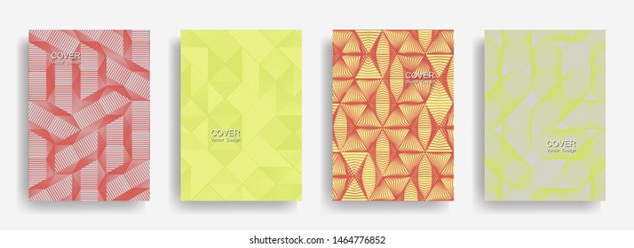 Tech halftone shapes minimal geometric cover templates collection design. Halftone lines grid vector background of triangle, hexagon, rhombus, circle shapes. Concise geometric cover backgrounds.
