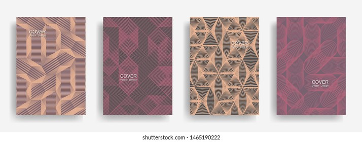 Tech  halftone shapes minimal geometric cover templates collection design. Halftone lines grid vector background of triangle, hexagon, rhombus, circle shapes. Business geometric cover backgrounds.