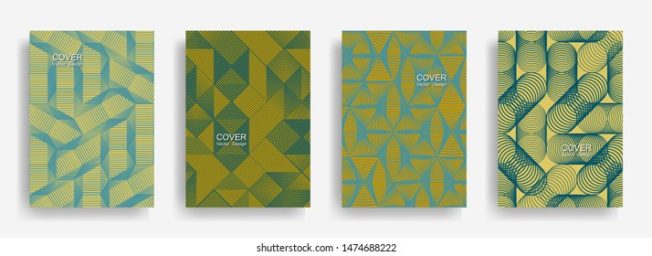 Tech  halftone shapes minimal geometric cover templates collection design. Halftone lines grid vector background of triangle, hexagon, rhombus, circle shapes. Typical geometric cover backgrounds.