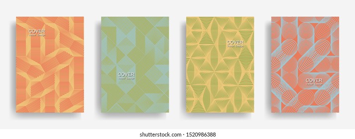 Tech  halftone shapes minimal geometric cover templates collection design. Halftone lines grid vector background of triangle, hexagon, rhombus, circle shapes. Future geometric cover backgrounds.