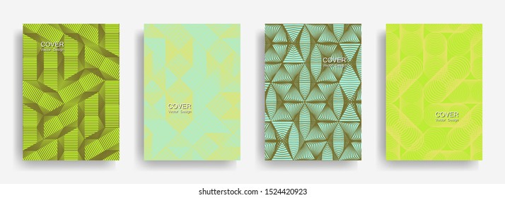 Tech  halftone shapes minimal geometric cover templates collection design. Halftone lines grid vector background of triangle, hexagon, rhombus, circle shapes. Trendy geometric cover backgrounds.