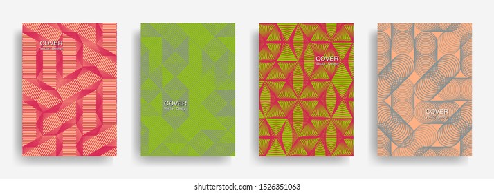 Tech  halftone shapes minimal geometric cover templates set graphic design. Halftone lines grid vector background of triangle, hexagon, rhombus, circle shapes. Trendy geometric cover backgrounds.