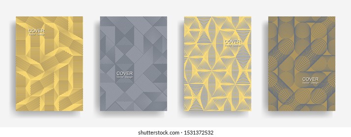 Tech  halftone shapes minimal geometric cover templates set graphic design. Halftone lines grid vector background of triangle, hexagon, rhombus, circle shapes. Business geometric cover backgrounds.