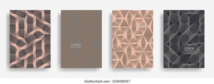 Tech  halftone shapes minimal geometric cover templates set graphic design. Halftone lines grid vector background of triangle, hexagon, rhombus, circle shapes. Trendy geometric cover backgrounds.