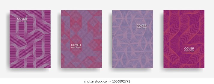Tech  halftone shapes minimal geometric cover templates collection design. Halftone lines grid vector background of triangle, hexagon, rhombus, circle shapes. Simple geometric cover backgrounds.