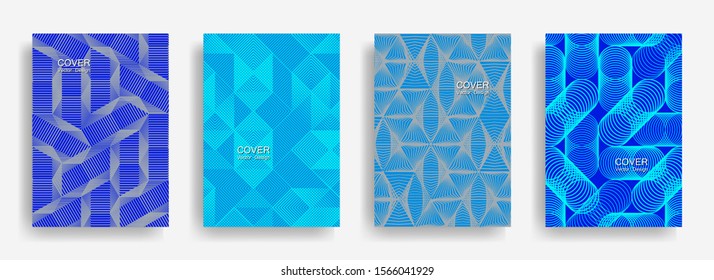 Tech  halftone shapes minimal geometric cover templates collection design. Halftone lines grid vector background of triangle, hexagon, rhombus, circle shapes. Simple geometric cover backgrounds.