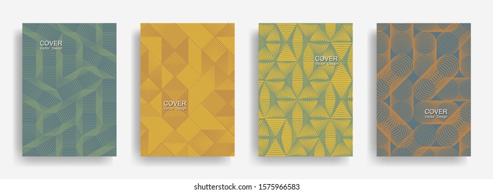 Tech  halftone shapes minimal geometric cover templates set graphic design. Halftone lines grid vector background of triangle, hexagon, rhombus, circle shapes. Future geometric cover backgrounds.