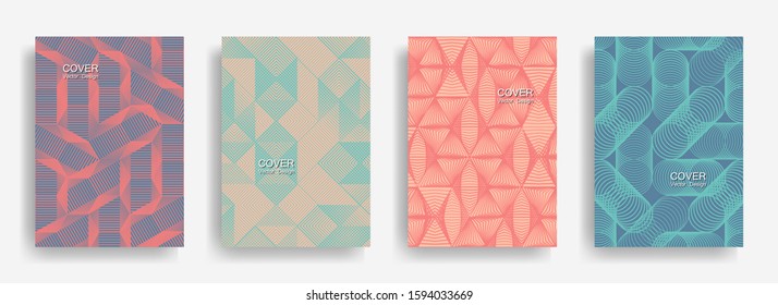Tech  halftone shapes minimal geometric cover templates set graphic design. Halftone lines grid vector background of triangle, hexagon, rhombus, circle shapes. Classic geometric cover backgrounds.