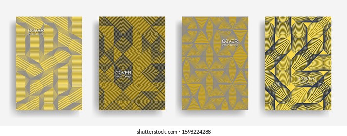 Tech  halftone shapes minimal geometric cover templates collection design. Halftone lines grid vector background of triangle, hexagon, rhombus, circle shapes. Business geometric cover backgrounds.