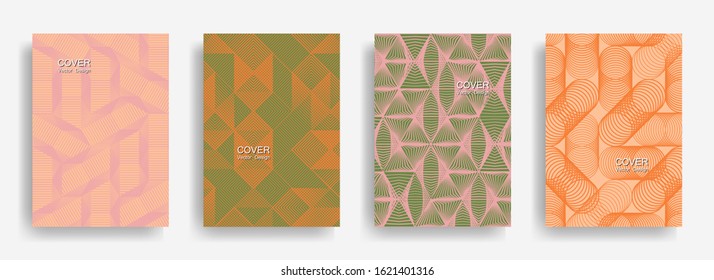 Tech  halftone shapes minimal geometric cover templates set graphic design. Halftone lines grid vector background of triangle, hexagon, rhombus, circle shapes. Simple geometric cover backgrounds.