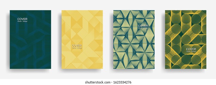 Tech  halftone shapes minimal geometric cover templates collection design. Halftone lines grid vector background of triangle, hexagon, rhombus, circle shapes. Laconic geometric cover backgrounds.