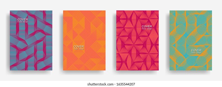 Tech  halftone shapes minimal geometric cover templates collection design. Halftone lines grid vector background of triangle, hexagon, rhombus, circle shapes. Concise geometric cover backgrounds.